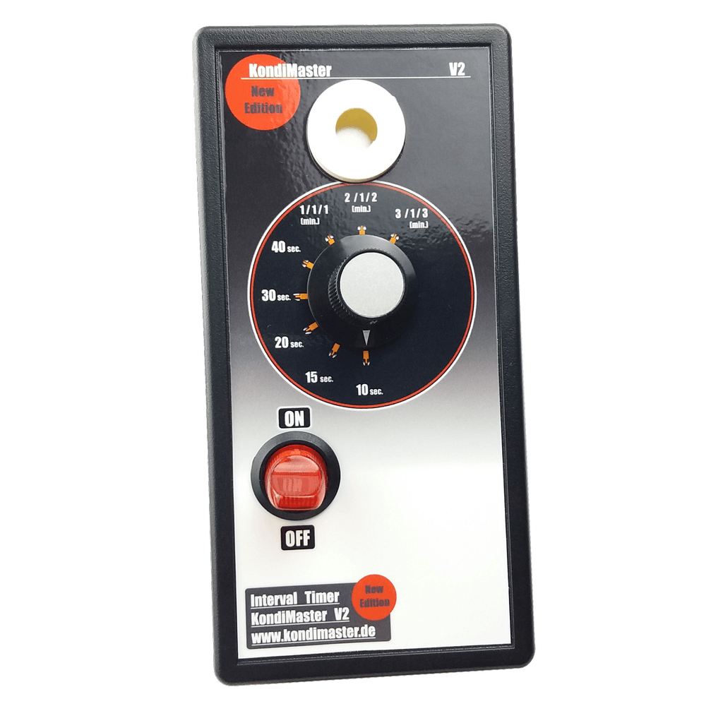 KondiMaster V2 interval timer for boxing and circuit training, featuring various time settings and an ON/OFF switch.