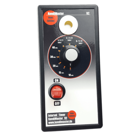 KondiMaster V2 interval timer for boxing and circuit training, featuring various time settings and an ON/OFF switch.