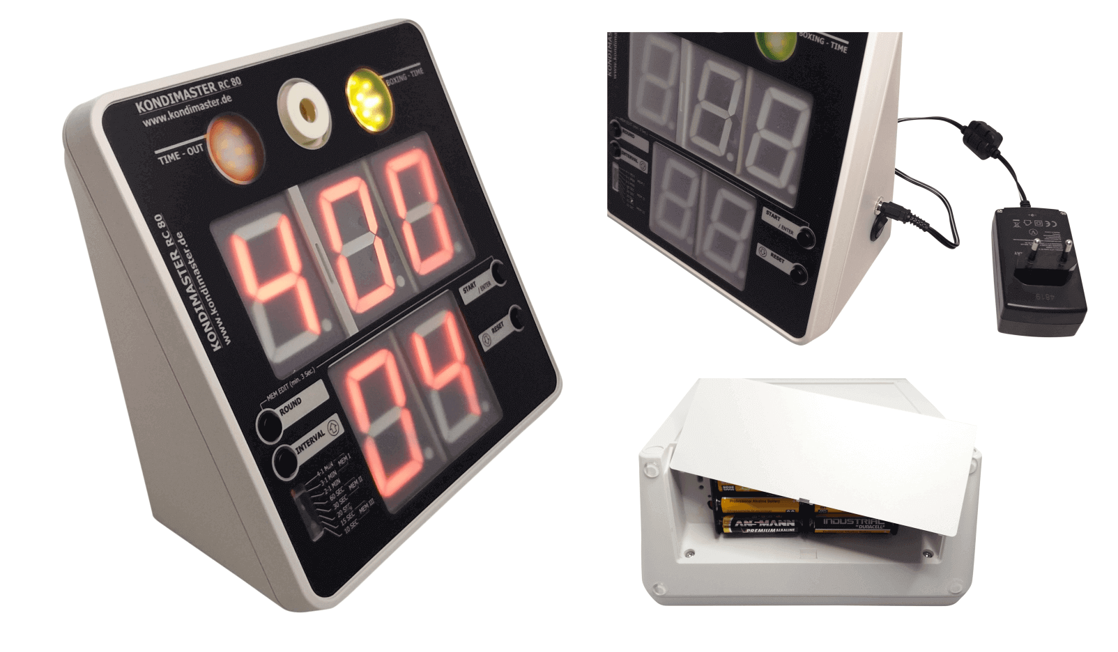 KondiMaster RC90 HIIT Timer with programmable intervals, display, and battery compartment for fitness training.