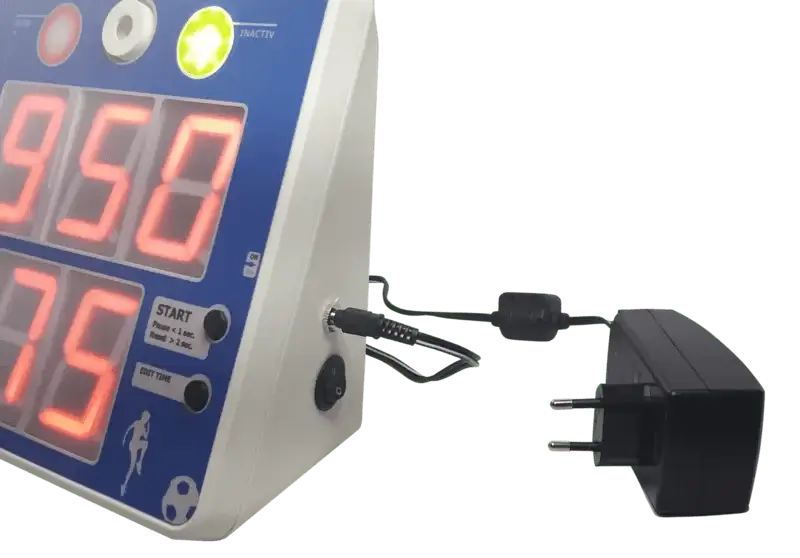 KondiMaster RC90 HIIT Timer with bright LED display and power adapter for interval training.