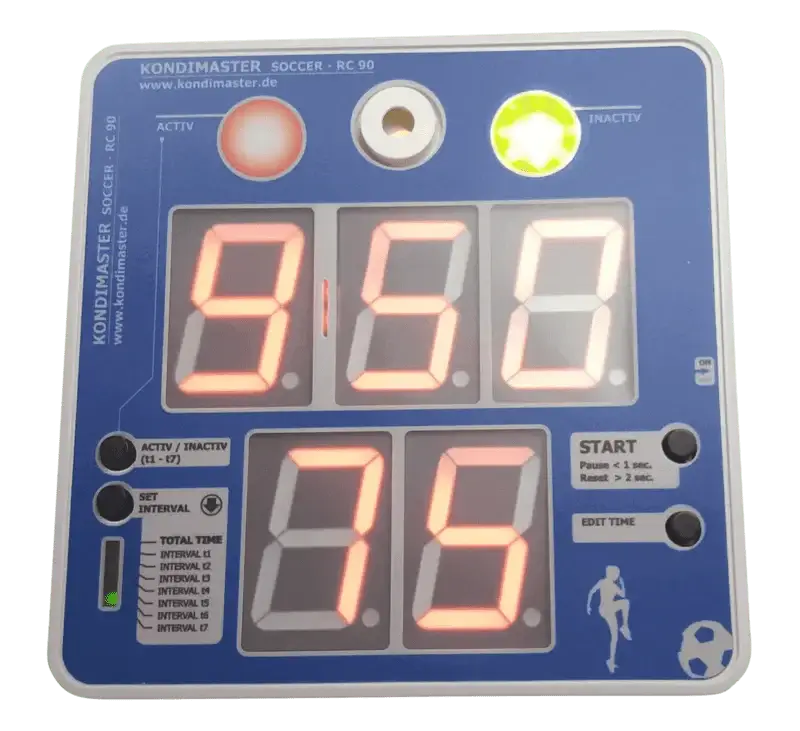 KondiMaster RC90 HIIT timer with programmable intervals and digital display for fitness training.