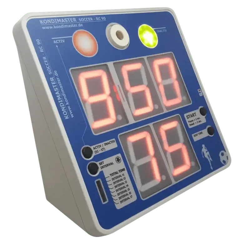KondiMaster RC90 HIIT Timer displaying time for fitness training with programmable intervals.