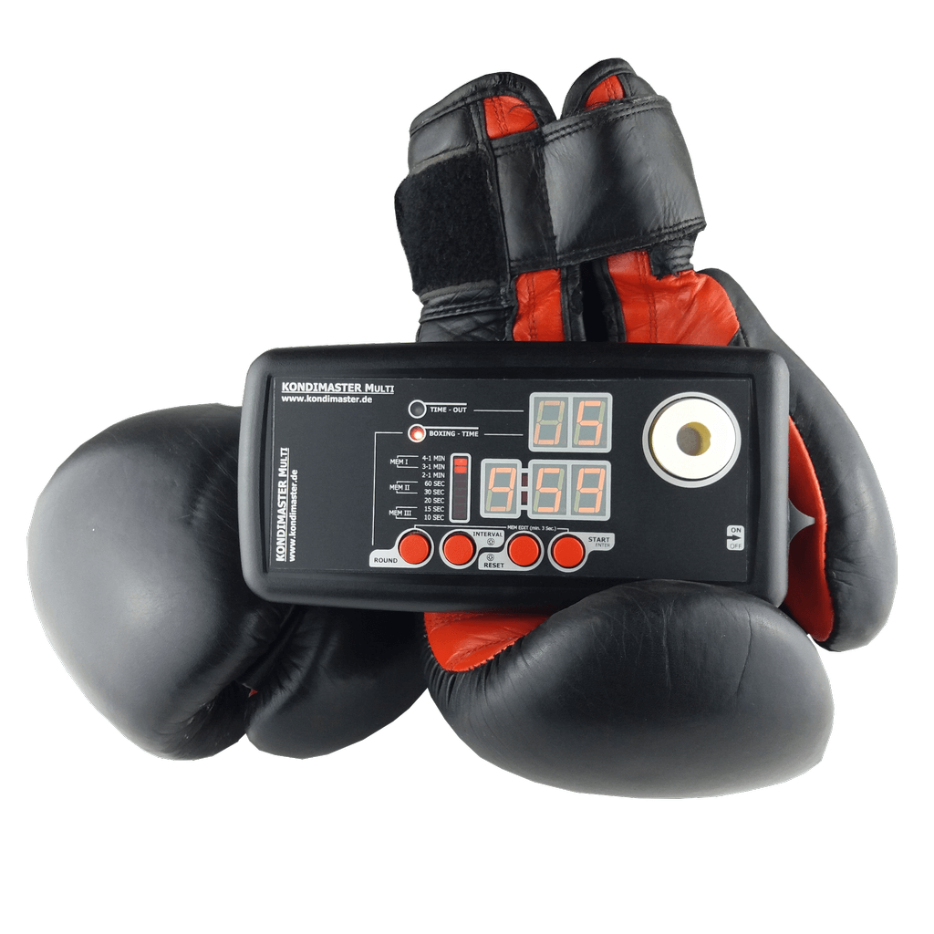 Unser Fitness Timer Kondimaster Multi mit Boxhandschuhen dargestellt